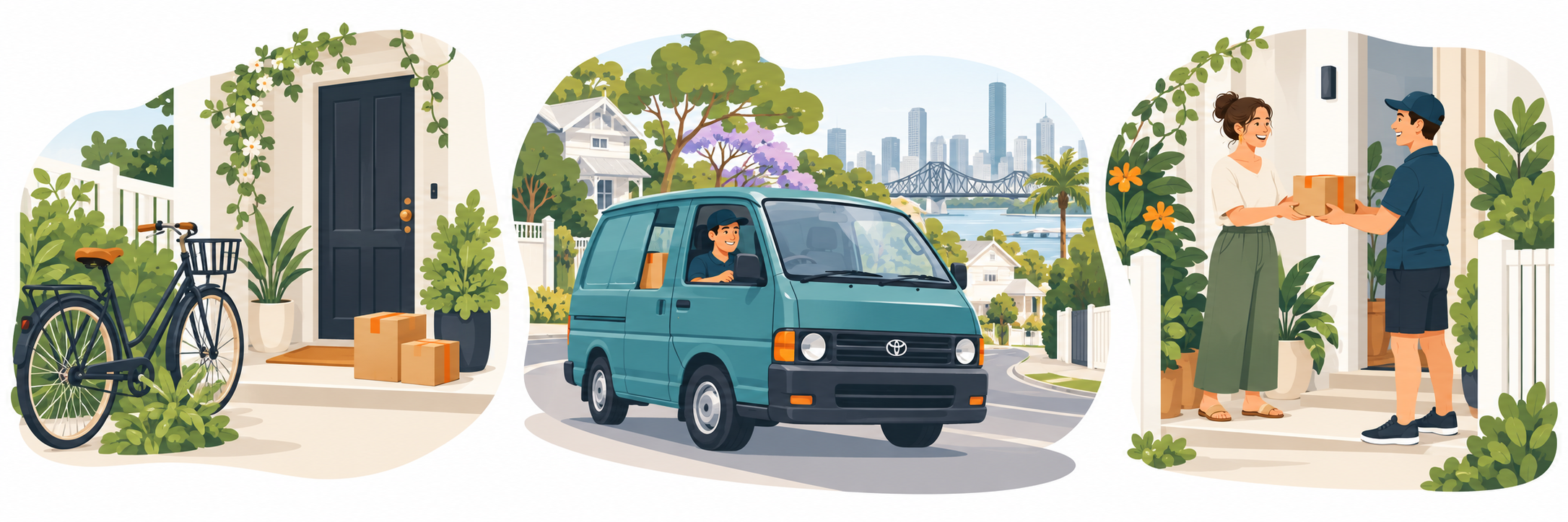 Illustration of a bicycle and parcels ready for pickup, a teal delivery van in a leafy suburb, and a small parcel being delivered to a doorstep.